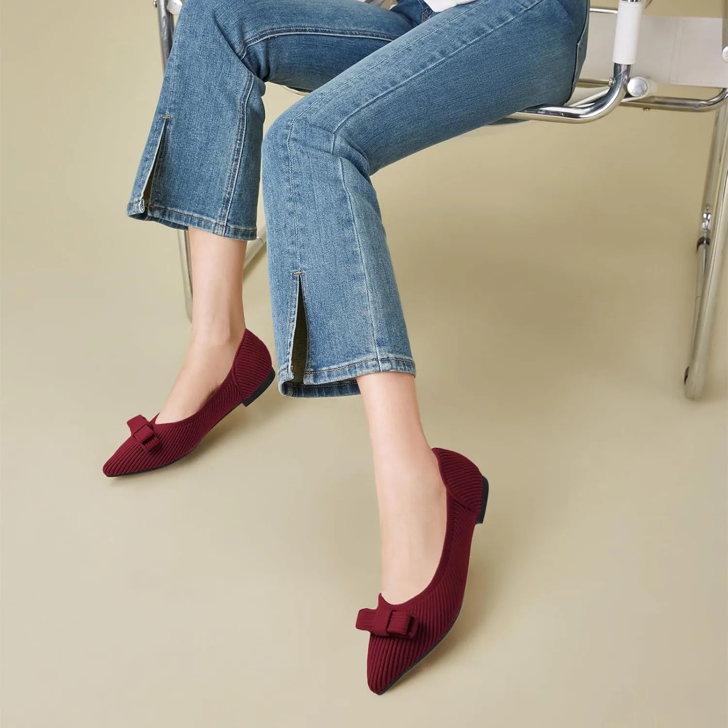 Women's Flats Pointed Toe Ballet Shoes with Bow Comfortable Knit Dressy Flat