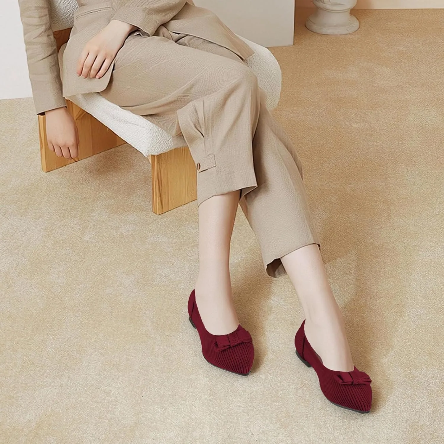 Women's Flats Pointed Toe Ballet Shoes with Bow Comfortable Knit Dressy Flat