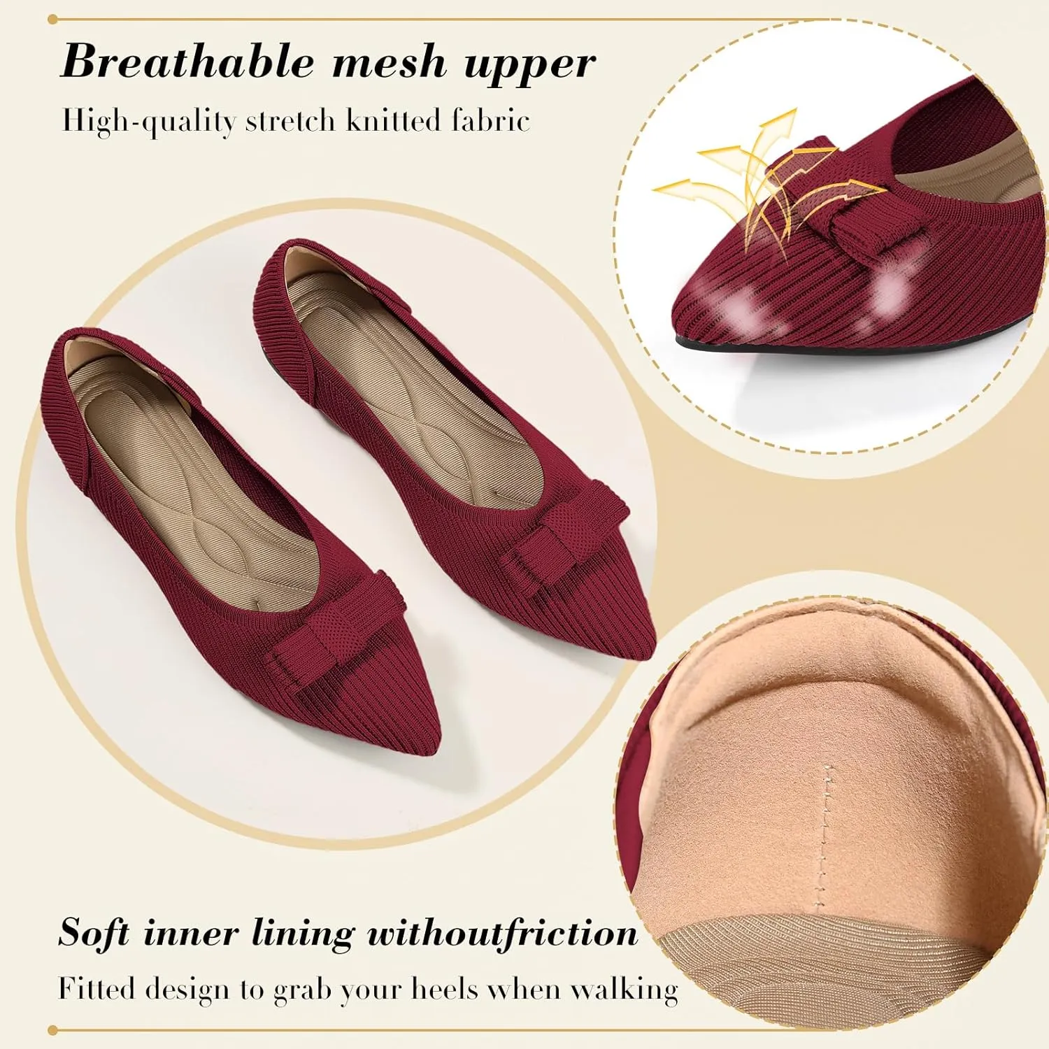 Women's Flats Pointed Toe Ballet Shoes with Bow Comfortable Knit Dressy Flat