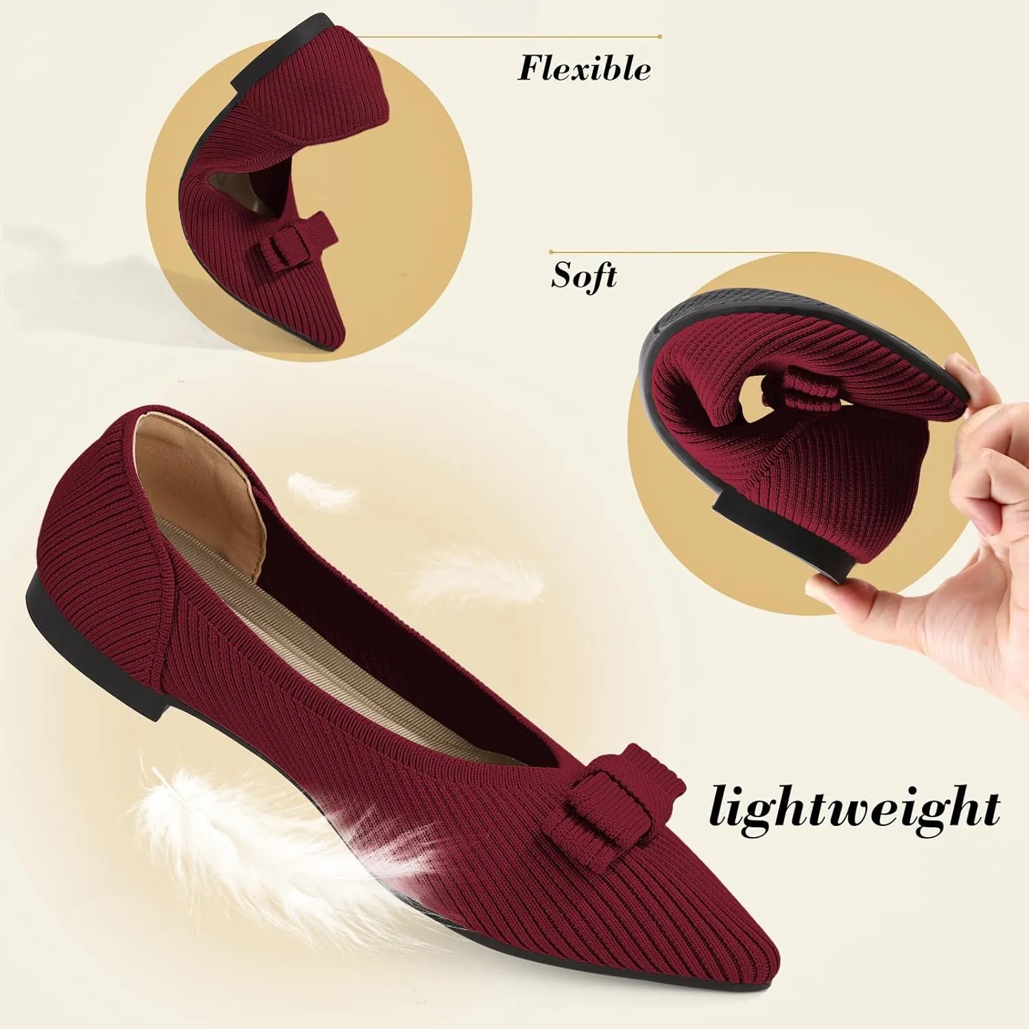 Women's Flats Pointed Toe Ballet Shoes with Bow Comfortable Knit Dressy Flat