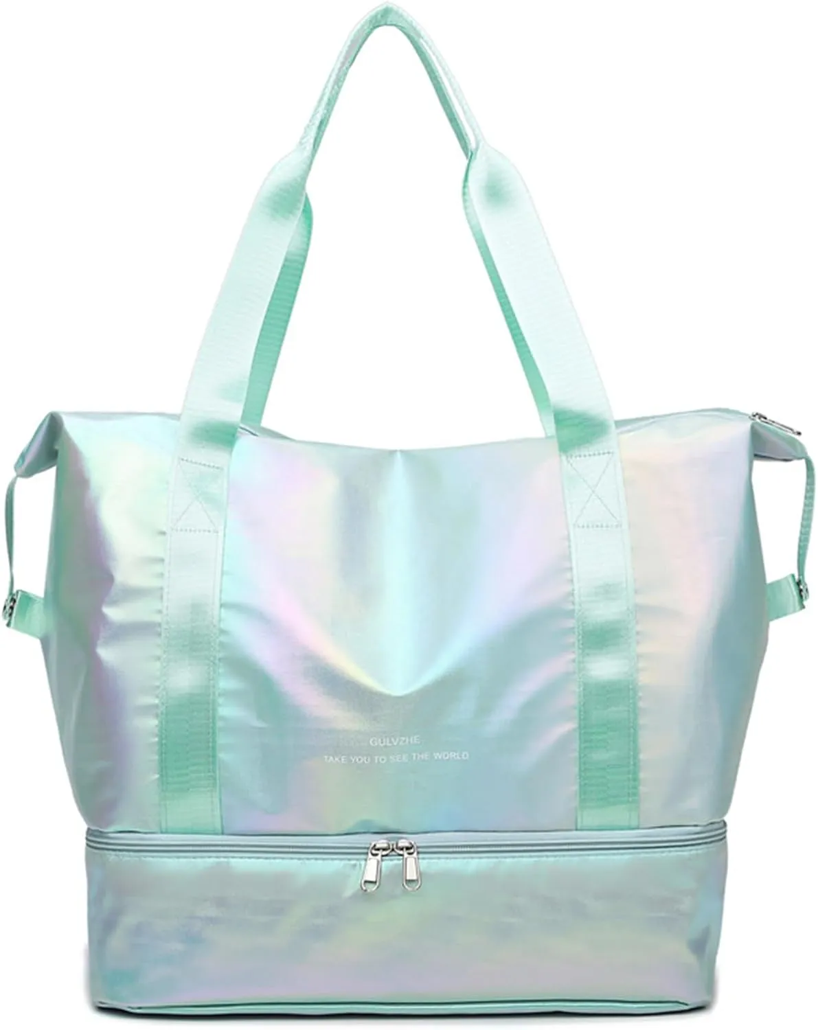 Women's Foldable Travel Duffel Bag, Large Gym Bag with Shoe Compartment, Waterproof Overnight Bag, Lightweight Weekender Bag (Pearlescent Green)