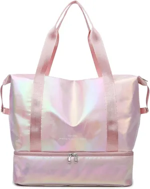 Women's Foldable Travel Duffel Bag, Large Gym Bag with Shoe Compartment, Waterproof Overnight Bag, Lightweight Weekender Bag (Pearlescent Pink)
