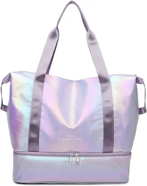 Women's Foldable Travel Duffel Bag, Large Gym Bag with Shoe Compartment, Waterproof Overnight Bag, Lightweight Weekender Bag (Pearlescent Purple)
