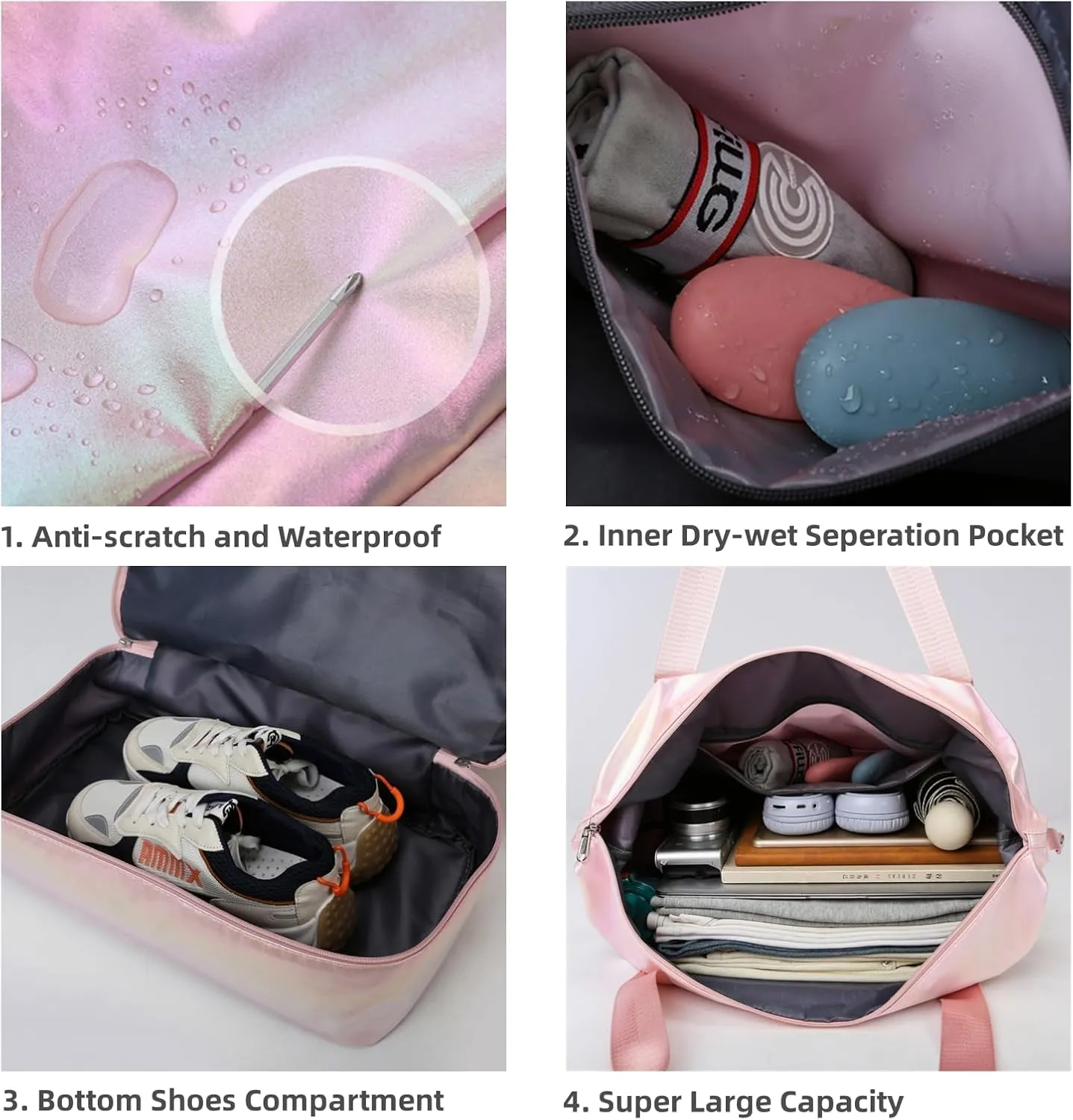 Women's Foldable Travel Duffel Bag, Large Gym Bag with Shoe Compartment, Waterproof Overnight Bag, Lightweight Weekender Bag (Pearlescent Purple)
