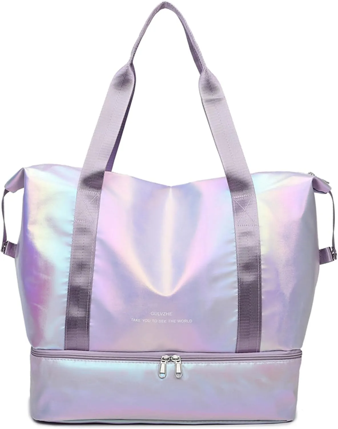 Women's Foldable Travel Duffel Bag, Large Gym Bag with Shoe Compartment, Waterproof Overnight Bag, Lightweight Weekender Bag (Pearlescent Purple)