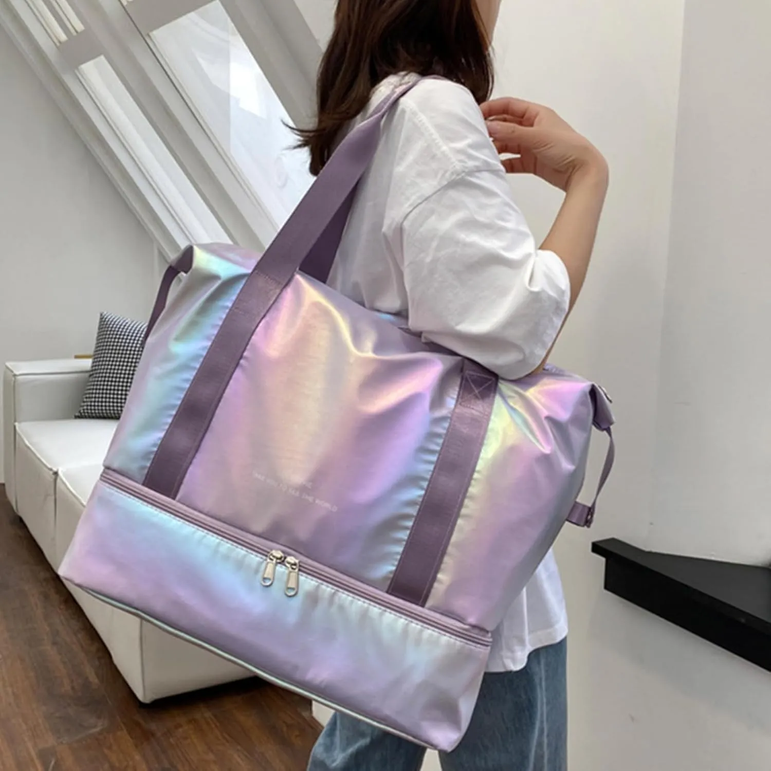 Women's Foldable Travel Duffel Bag, Large Gym Bag with Shoe Compartment, Waterproof Overnight Bag, Lightweight Weekender Bag (Pearlescent Purple)