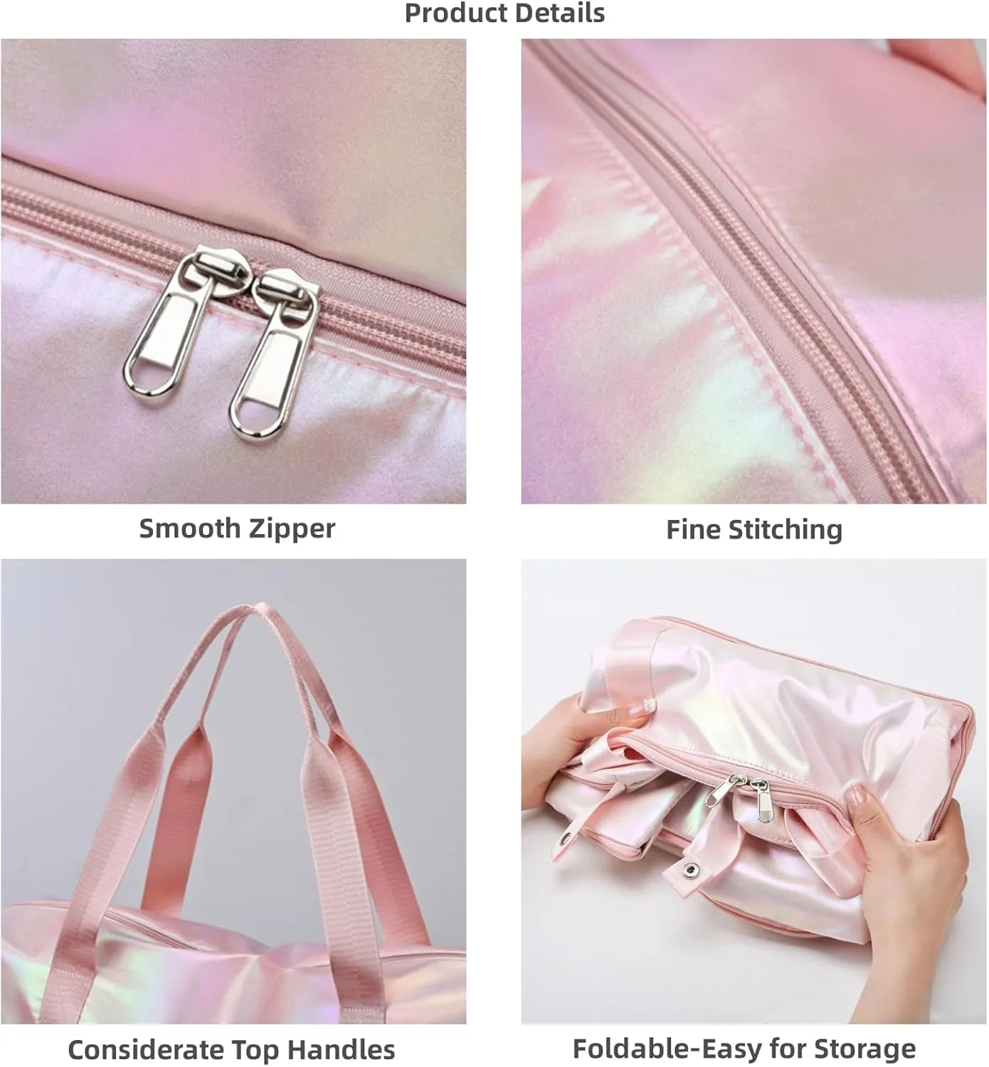 Women's Foldable Travel Duffel Bag, Large Gym Bag with Shoe Compartment, Waterproof Overnight Bag, Lightweight Weekender Bag (Pearlescent White)