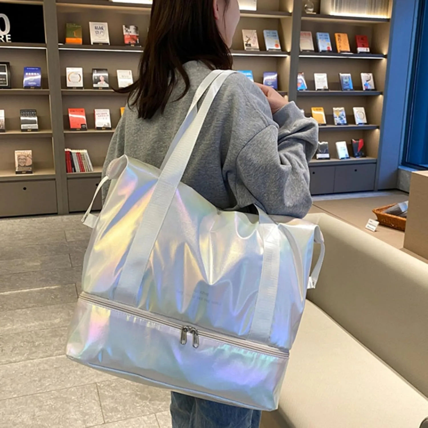 Women's Foldable Travel Duffel Bag, Large Gym Bag with Shoe Compartment, Waterproof Overnight Bag, Lightweight Weekender Bag (Pearlescent White)