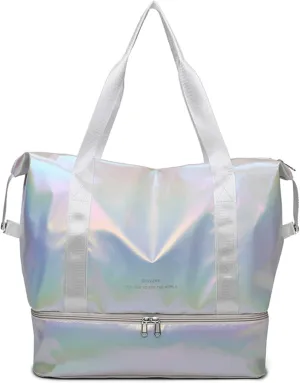 Women's Foldable Travel Duffel Bag, Large Gym Bag with Shoe Compartment, Waterproof Overnight Bag, Lightweight Weekender Bag (Pearlescent White)