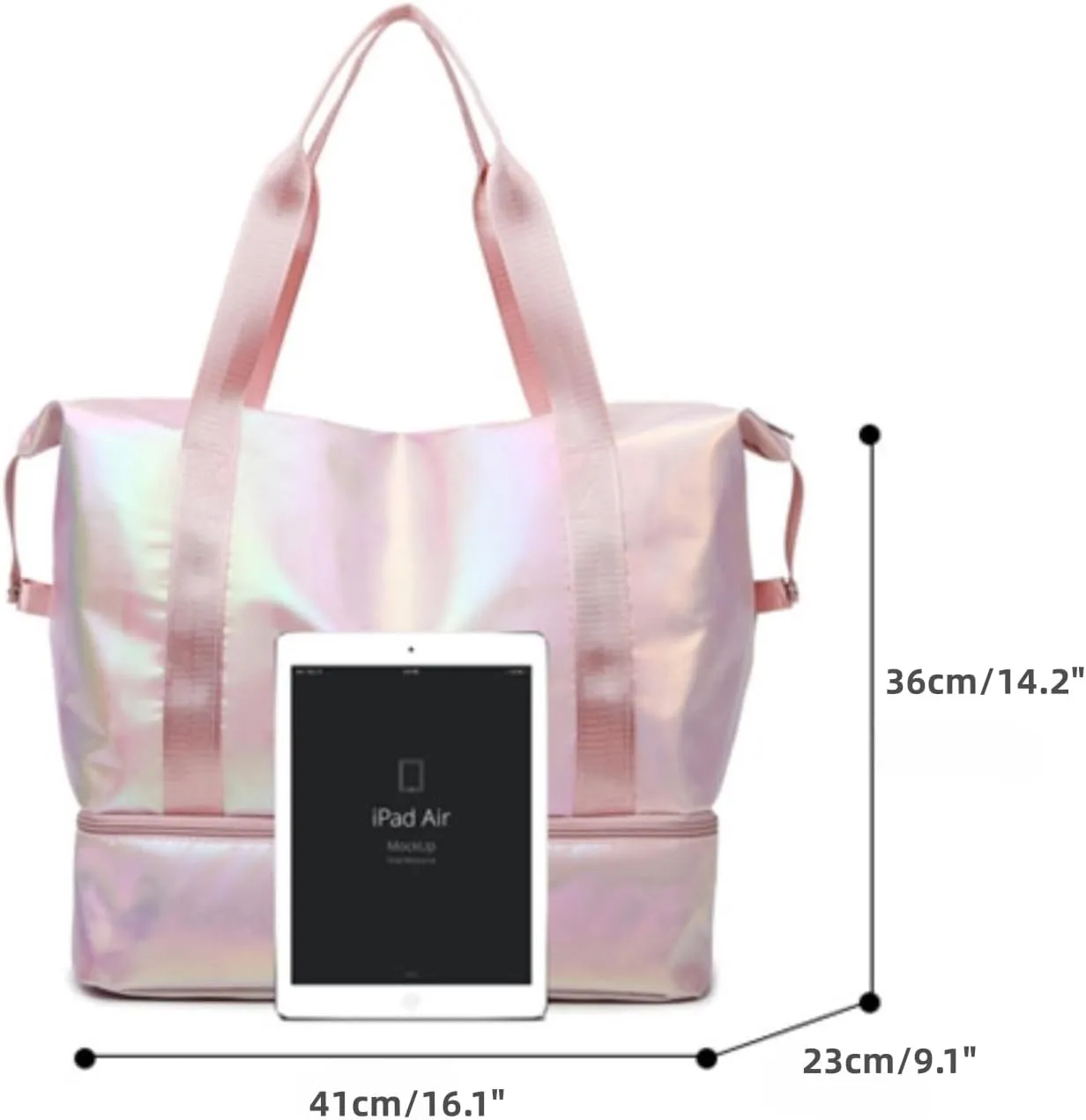 Women's Foldable Travel Duffel Bag, Large Gym Bag with Shoe Compartment, Waterproof Overnight Bag, Lightweight Weekender Bag (Pearlescent White)