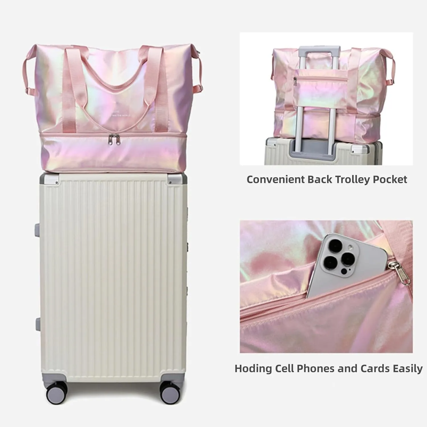 Women's Foldable Travel Duffel Bag, Large Gym Bag with Shoe Compartment, Waterproof Overnight Bag, Lightweight Weekender Bag (Pearlescent White)