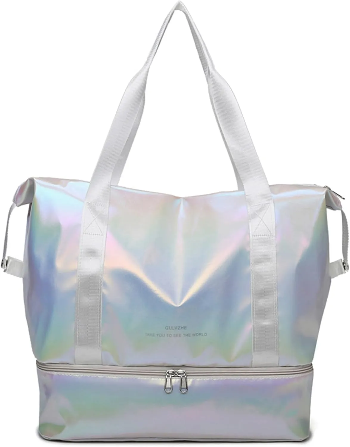 Women's Foldable Travel Duffel Bag, Large Gym Bag with Shoe Compartment, Waterproof Overnight Bag, Lightweight Weekender Bag (Pearlescent White)