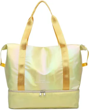 Women's Foldable Travel Duffel Bag, Large Gym Bag with Shoe Compartment, Waterproof Overnight Bag, Lightweight Weekender Bag (Pearlescent Yellow)