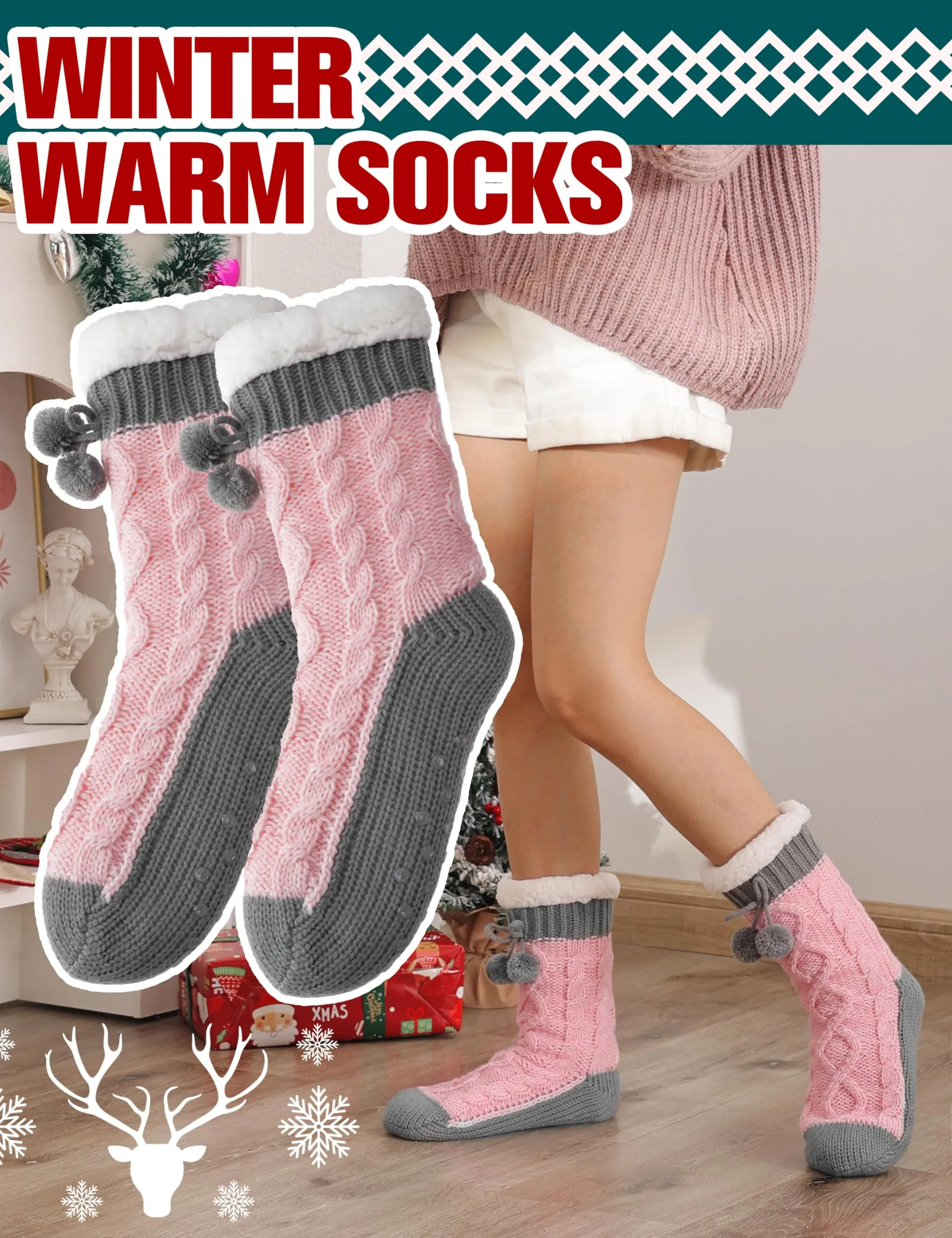 Women's Fuzzy Pink Thermal Slipper Socks