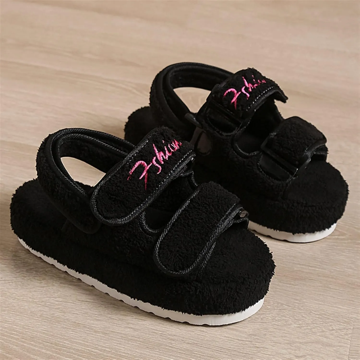 Women's Fuzzy Slides Fluffy Faux Fur Slippers Open Toe Adjustable Cork Slide Sandals with Arch Support Cozy Yoga Mat Indoor Outdoor Shoes