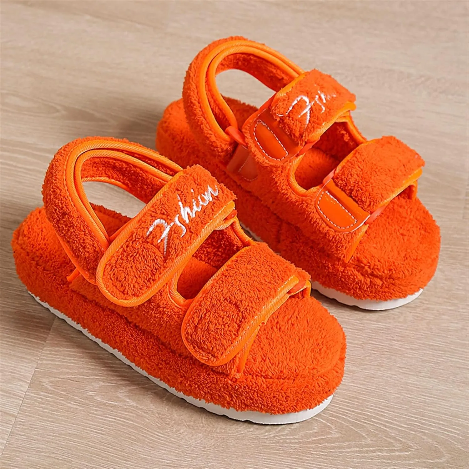 Women's Fuzzy Slides Fluffy Faux Fur Slippers Open Toe Adjustable Cork Slide Sandals with Arch Support Cozy Yoga Mat Indoor Outdoor Shoes