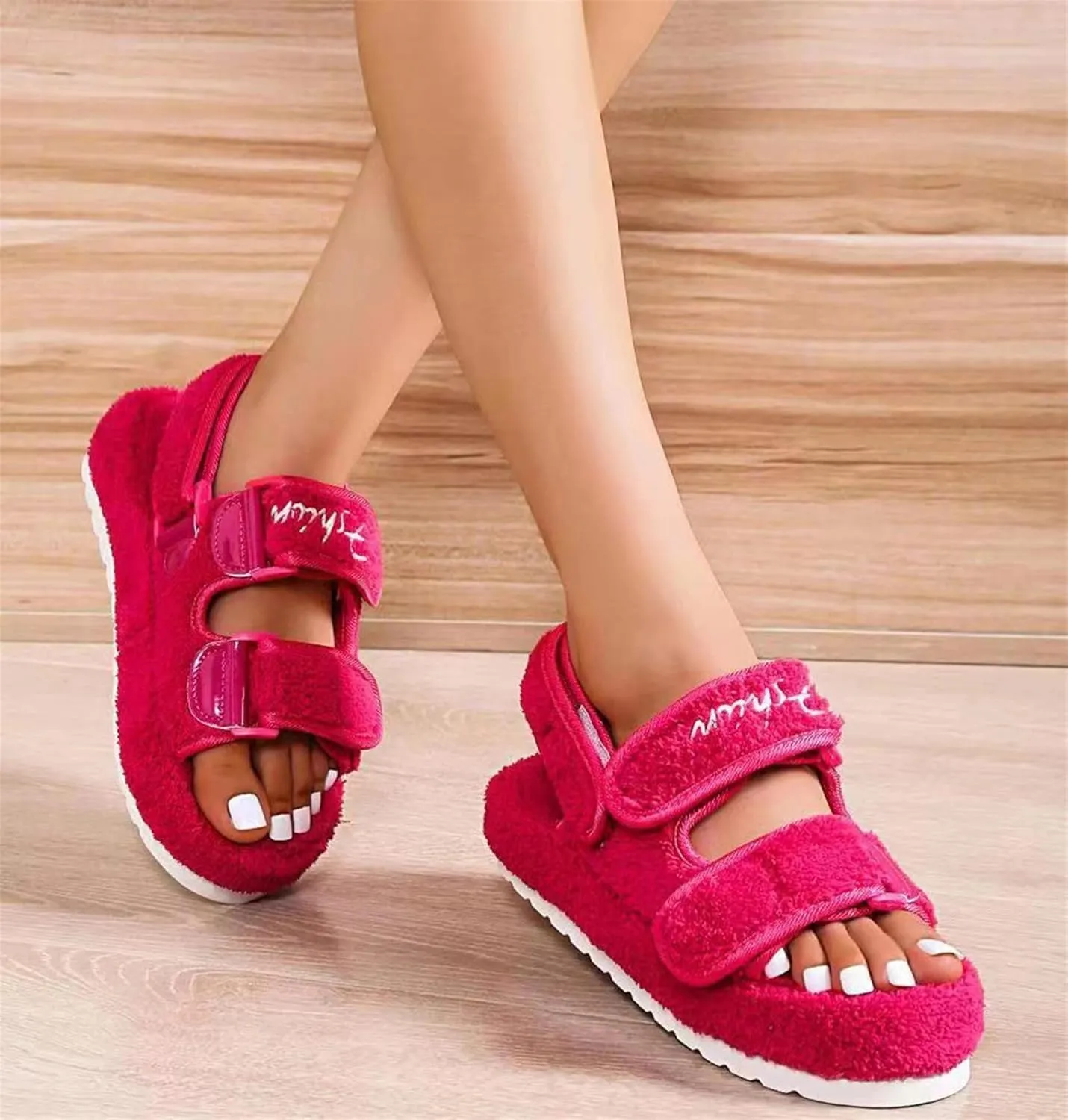 Women's Fuzzy Slides Fluffy Faux Fur Slippers Open Toe Adjustable Cork Slide Sandals with Arch Support Cozy Yoga Mat Indoor Outdoor Shoes
