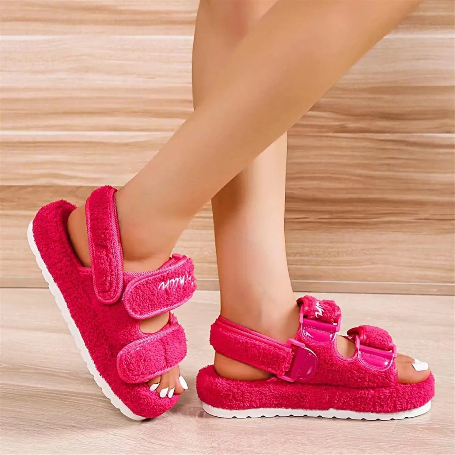 Women's Fuzzy Slides Fluffy Faux Fur Slippers Open Toe Adjustable Cork Slide Sandals with Arch Support Cozy Yoga Mat Indoor Outdoor Shoes
