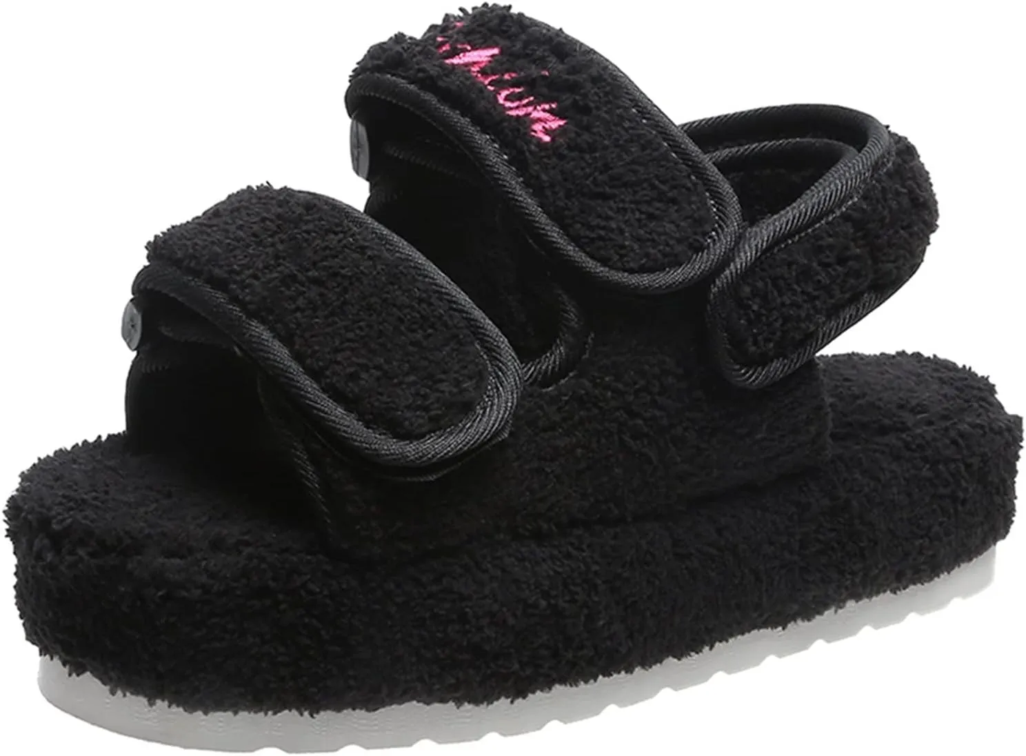 Women's Fuzzy Slides Fluffy Faux Fur Slippers Open Toe Adjustable Cork Slide Sandals with Arch Support Cozy Yoga Mat Indoor Outdoor Shoes
