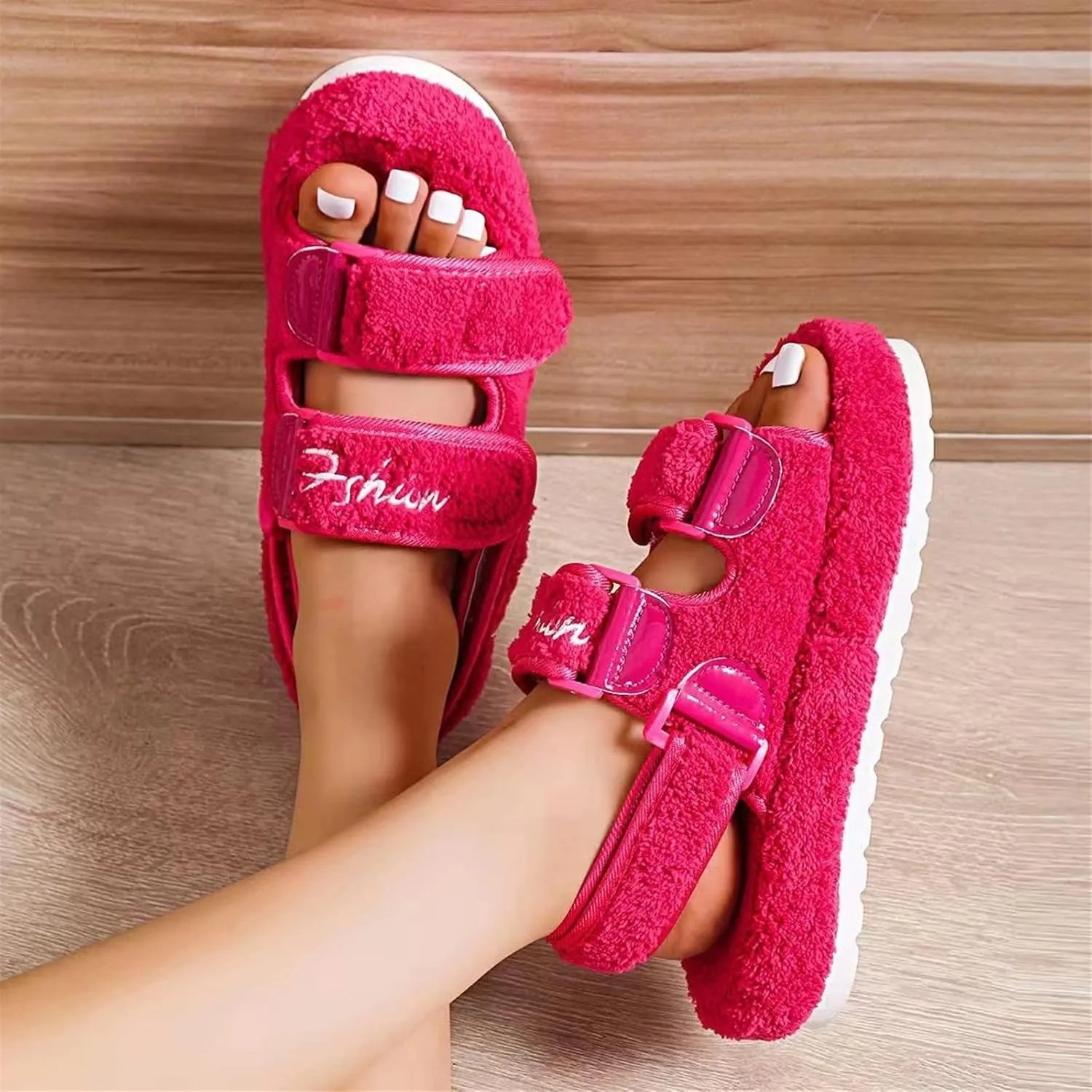 Women's Fuzzy Slides Fluffy Faux Fur Slippers Open Toe Adjustable Cork Slide Sandals with Arch Support Cozy Yoga Mat Indoor Outdoor Shoes