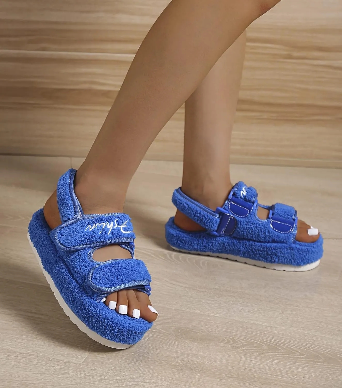 Women's Fuzzy Slides Fluffy Faux Fur Slippers Open Toe Adjustable Cork Slide Sandals with Arch Support Cozy Yoga Mat Indoor Outdoor Shoes