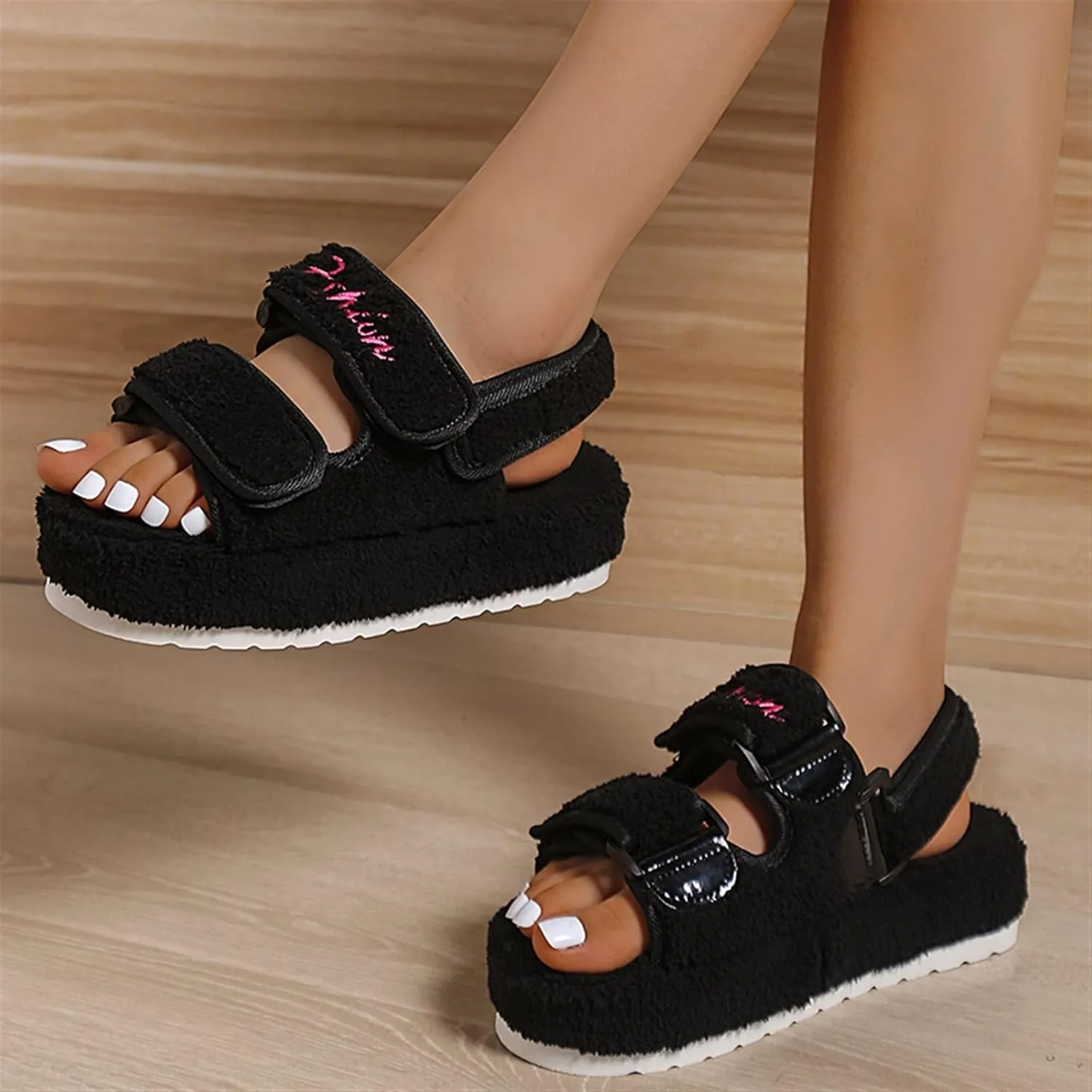 Women's Fuzzy Slides Fluffy Faux Fur Slippers Open Toe Adjustable Cork Slide Sandals with Arch Support Cozy Yoga Mat Indoor Outdoor Shoes