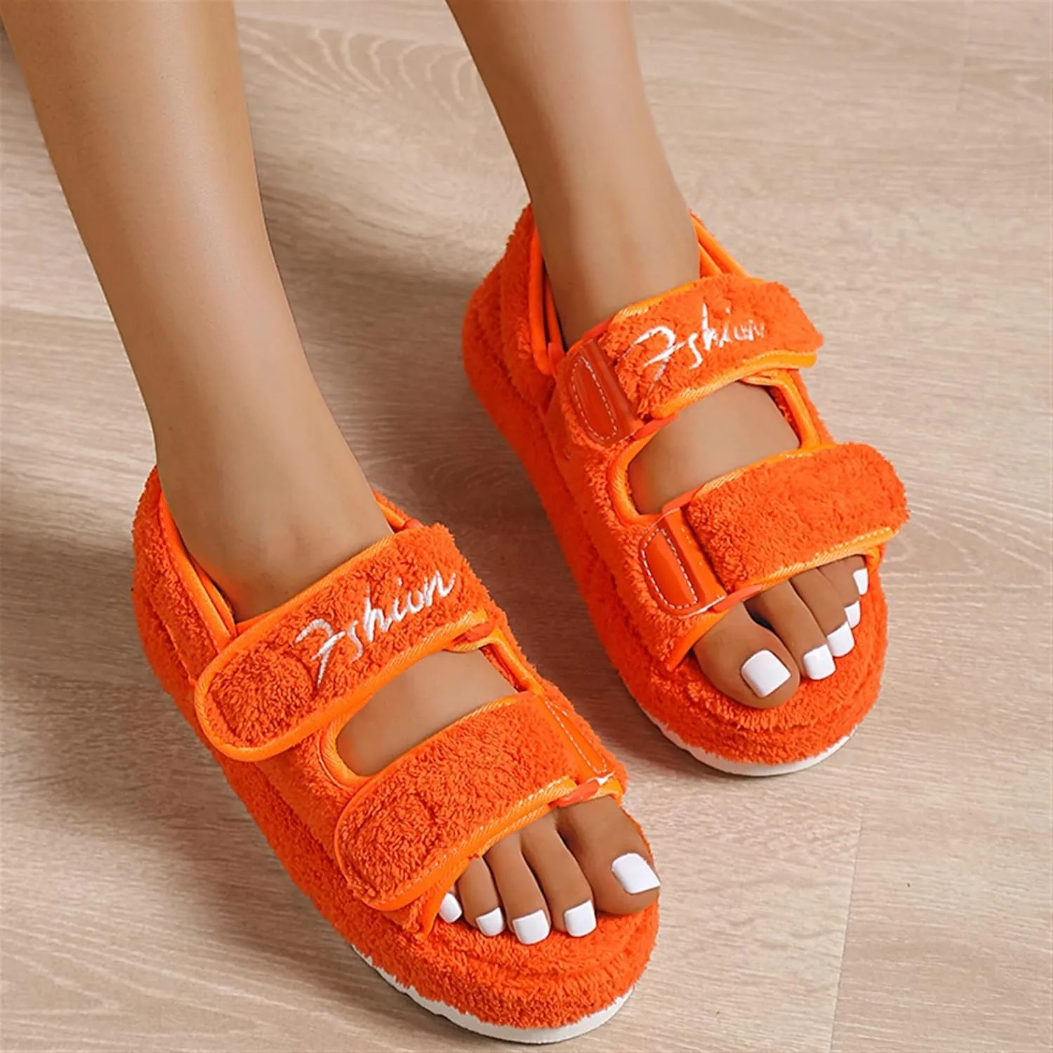 Women's Fuzzy Slides Fluffy Faux Fur Slippers Open Toe Adjustable Cork Slide Sandals with Arch Support Cozy Yoga Mat Indoor Outdoor Shoes
