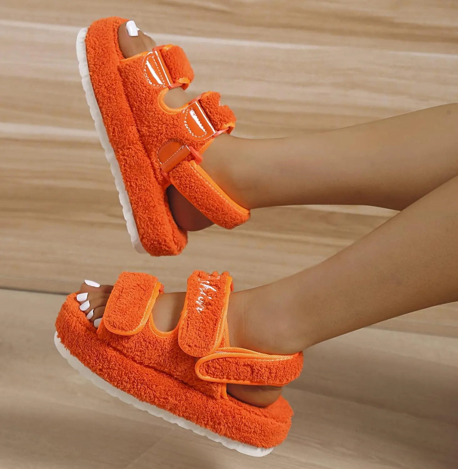 Women's Fuzzy Slides Fluffy Faux Fur Slippers Open Toe Adjustable Cork Slide Sandals with Arch Support Cozy Yoga Mat Indoor Outdoor Shoes