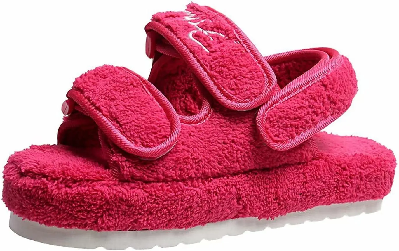 Women's Fuzzy Slides Fluffy Faux Fur Slippers Open Toe Adjustable Cork Slide Sandals with Arch Support Cozy Yoga Mat Indoor Outdoor Shoes