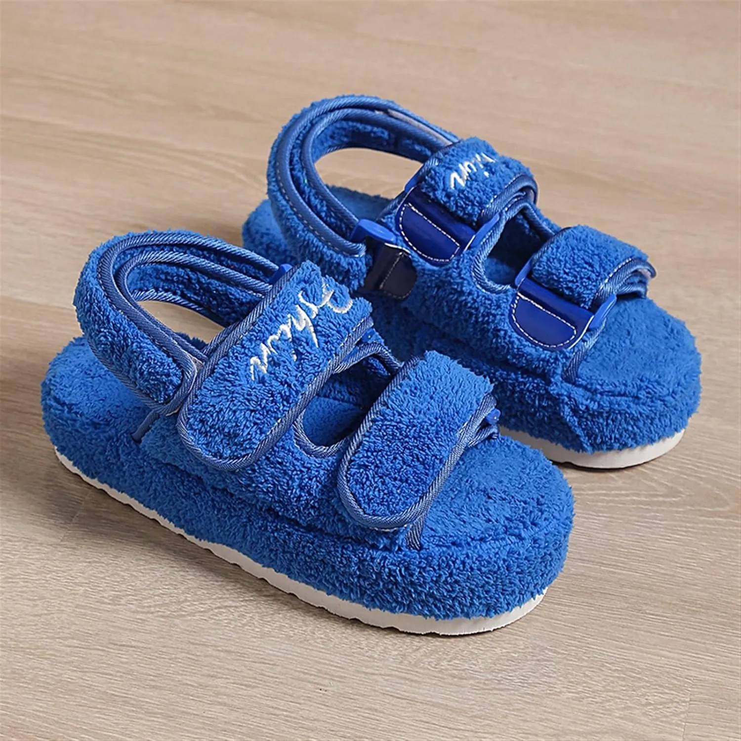 Women's Fuzzy Slides Fluffy Faux Fur Slippers Open Toe Adjustable Cork Slide Sandals with Arch Support Cozy Yoga Mat Indoor Outdoor Shoes