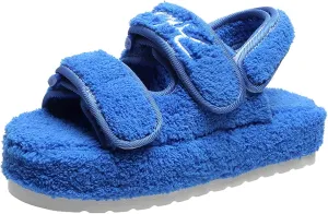 Women's Fuzzy Slides Fluffy Faux Fur Slippers Open Toe Adjustable Cork Slide Sandals with Arch Support Cozy Yoga Mat Indoor Outdoor Shoes