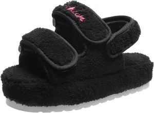 Women's Fuzzy Slides Fluffy Faux Fur Slippers Open Toe Adjustable Cork Slide Sandals with Arch Support Cozy Yoga Mat Indoor Outdoor Shoes