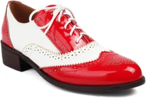 Women's Leather Perforated Lace-up Oxfords Classic Patchwork Color Wingtip Flat Brogues Shoes Round Toe Comfortable Derby Saddle Pumps