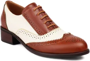 Women's Leather Perforated Lace-up Oxfords Classic Patchwork Color Wingtip Flat Brogues Shoes Round Toe Comfortable Derby Saddle Pumps