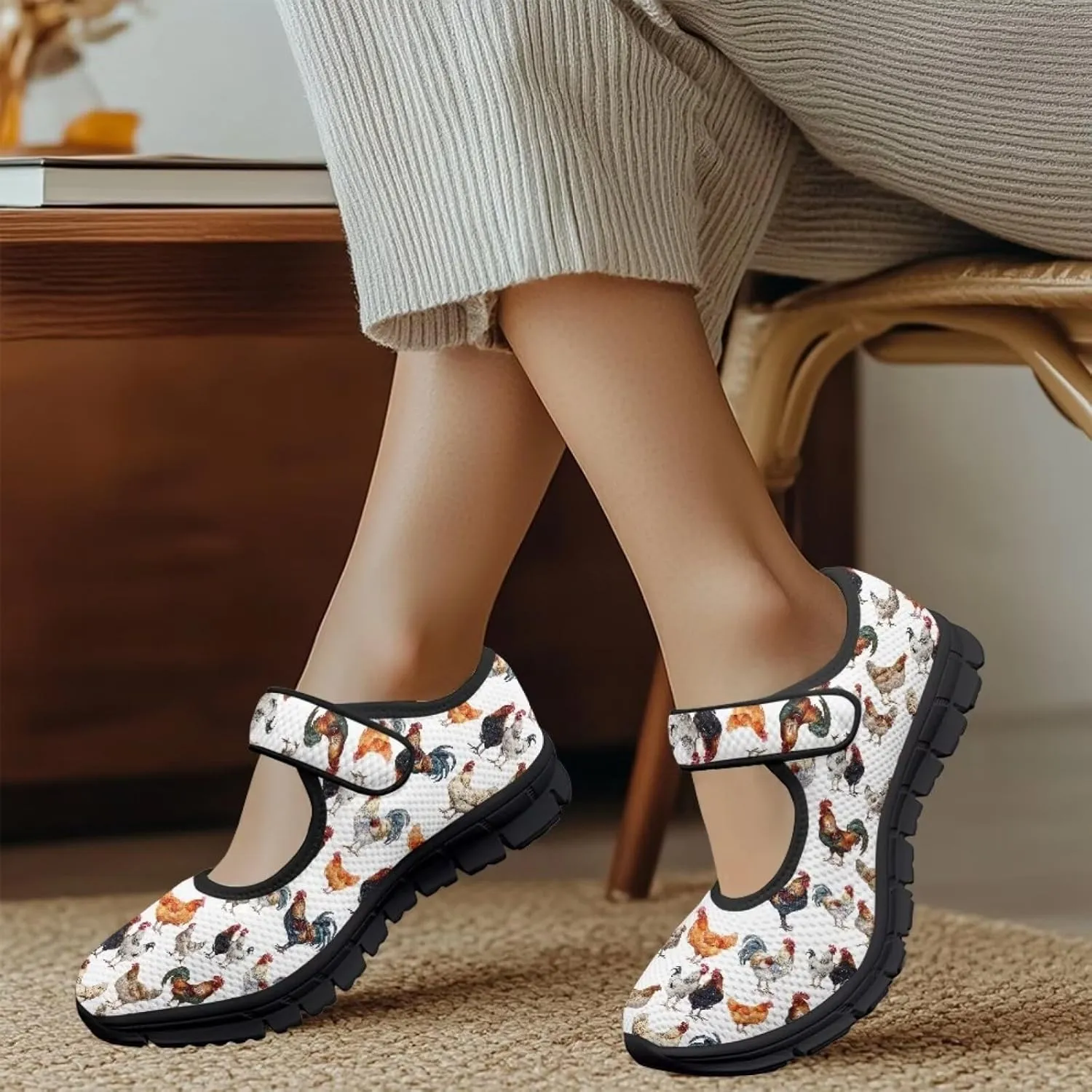 Womens Mary Jane Shoes Sneaker Animals Pattern Non Slip Lightweight Shoes with Magic Sticker for Walking
