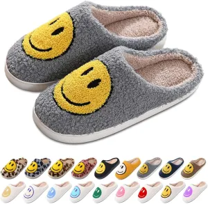Women's Men's Retro Preppy Happy Face Slippers Comfy Warm Plush Slip-On House Slipper for Winter Indoor Soft Cushion Non-slip Fluffy Slides Slippers