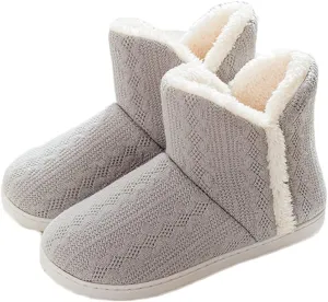 Women's Men's Warm Winter Bootie Slipper Plush Furry Cozy Lined House Shoes Knit Memory Foam Slippers Indoor Outdoor Anti-Skid Rubber Sole