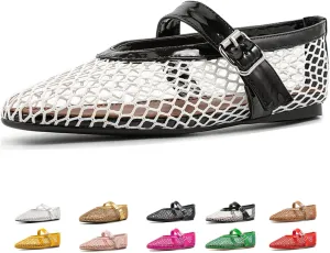 Women's Mesh Ballet Flats,Fashion Round Toe Fishnet Shoes,Mary Jane Flats Casual Comfortable Daily Dress Shoes