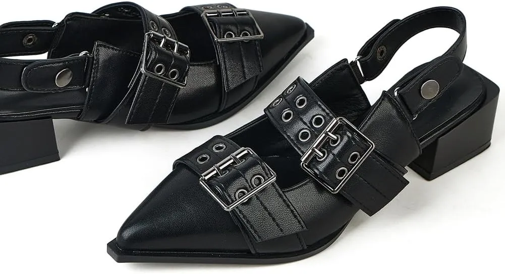 Women's Metal Punk Style Heel Mules Slipper Vintage with Pointed Toe Sandals Slides Slingback Heels