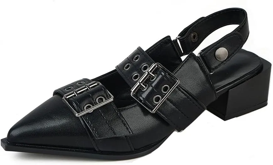 Women's Metal Punk Style Heel Mules Slipper Vintage with Pointed Toe Sandals Slides Slingback Heels