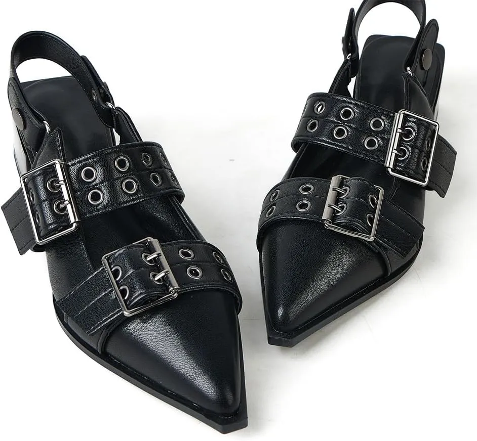 Women's Metal Punk Style Heel Mules Slipper Vintage with Pointed Toe Sandals Slides Slingback Heels