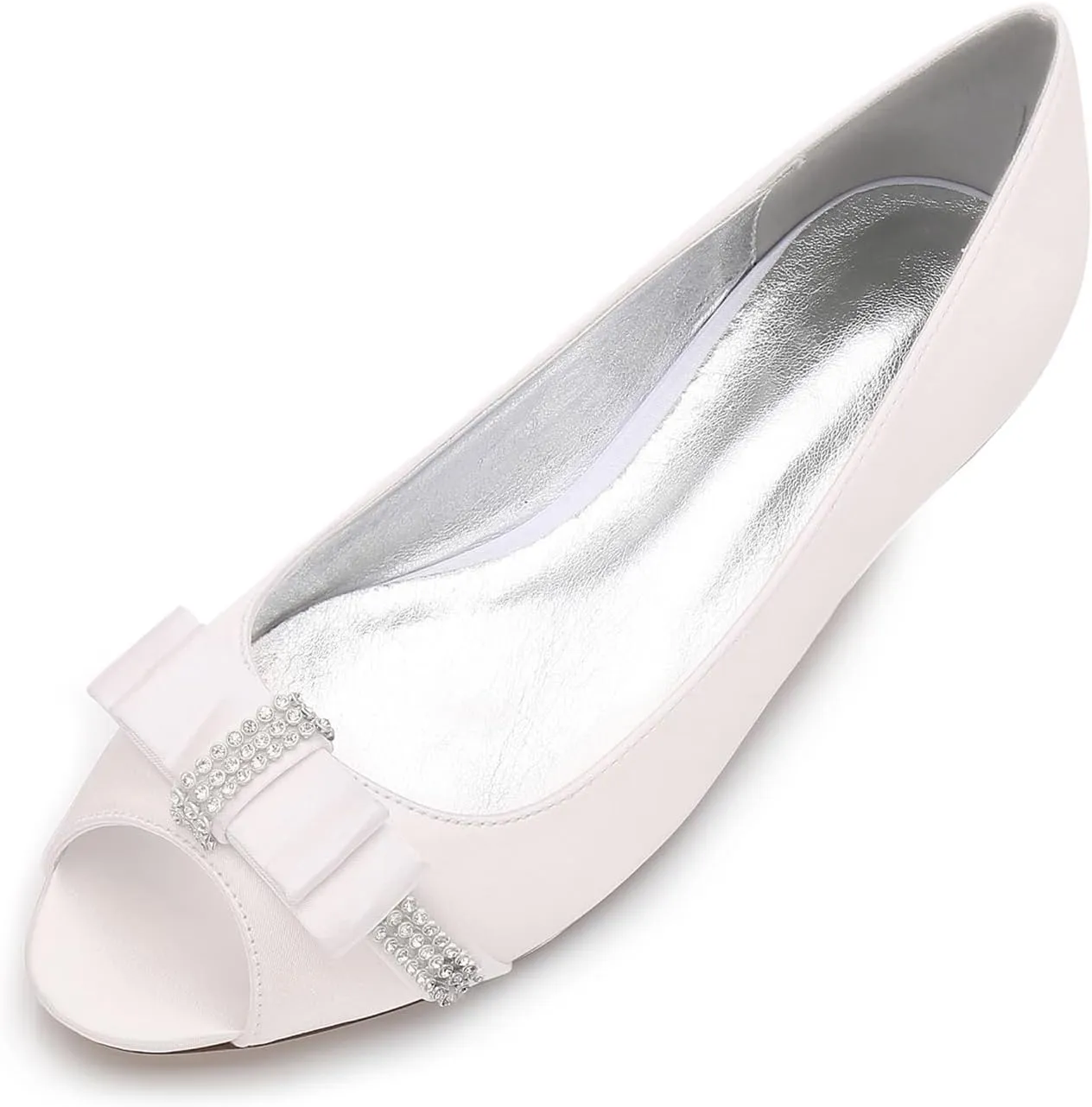 Women's Peep Toe Satin Wedding Flats for Bride Comfortable Bow Rhinestones Bridal Shoes Formal Slip on Flats Ballet Flats