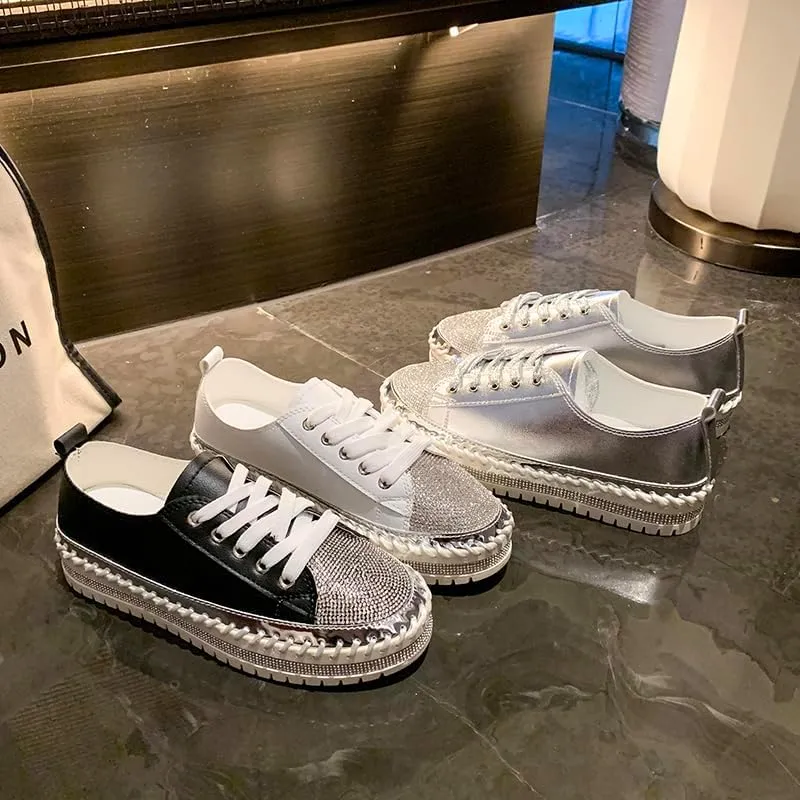 Women's Rhinestone Platform Loafers,Glitter Fashion Slip-On Sparkle Bling Sequin Sneakers Fall 2024 Casual Flat