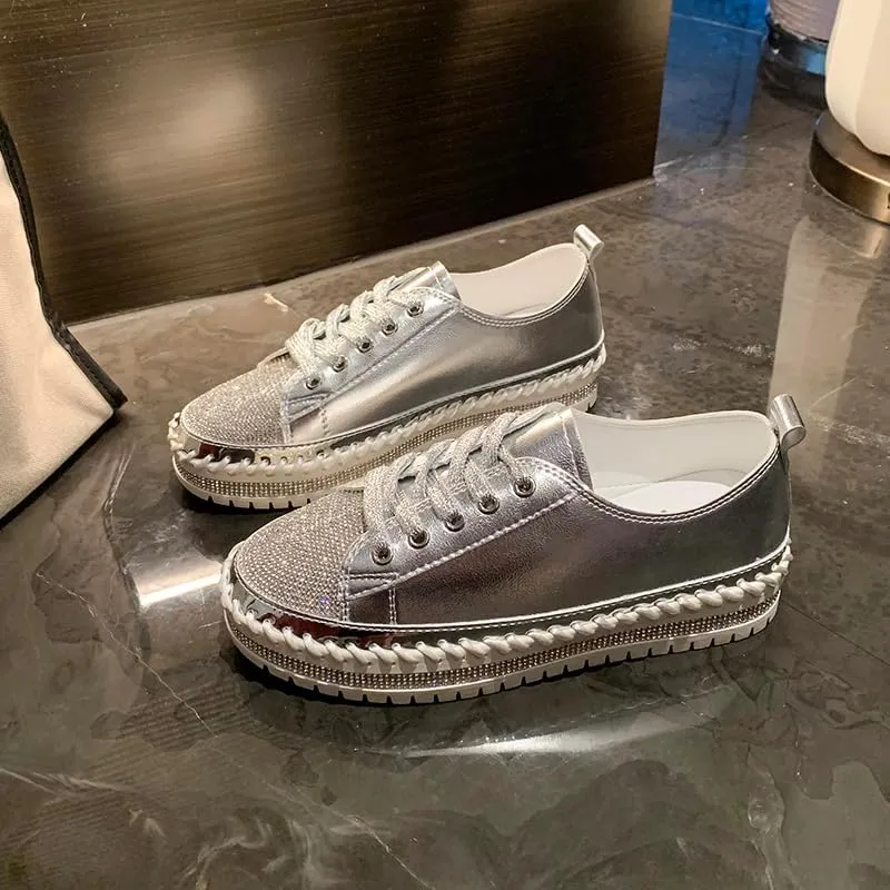Women's Rhinestone Platform Loafers,Glitter Fashion Slip-On Sparkle Bling Sequin Sneakers Fall 2024 Casual Flat