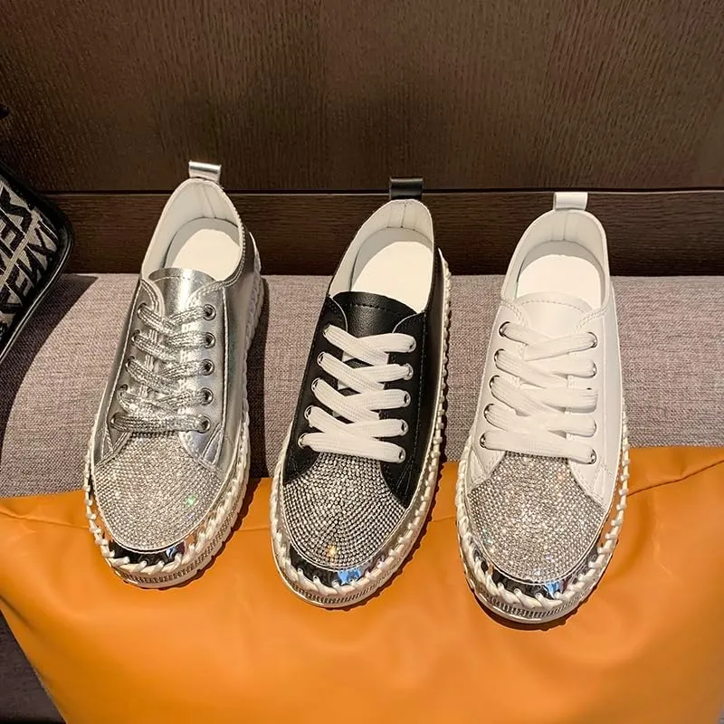 Women's Rhinestone Platform Loafers,Glitter Fashion Slip-On Sparkle Bling Sequin Sneakers Fall 2024 Casual Flat