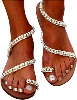 Womens Sandals, Women's Sandals Lace Floral, Bohemian White Sandals Flat Clip Toe Roman Sandals Outdoor Beach Comfortable Wedding Shoes