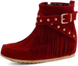 Women'S Suede Tassel Booties,Flat Moccasin Boots,Winter Warm Hidden Inner Heightening Fashion Western Outdoor Short Boots With Side Zipper