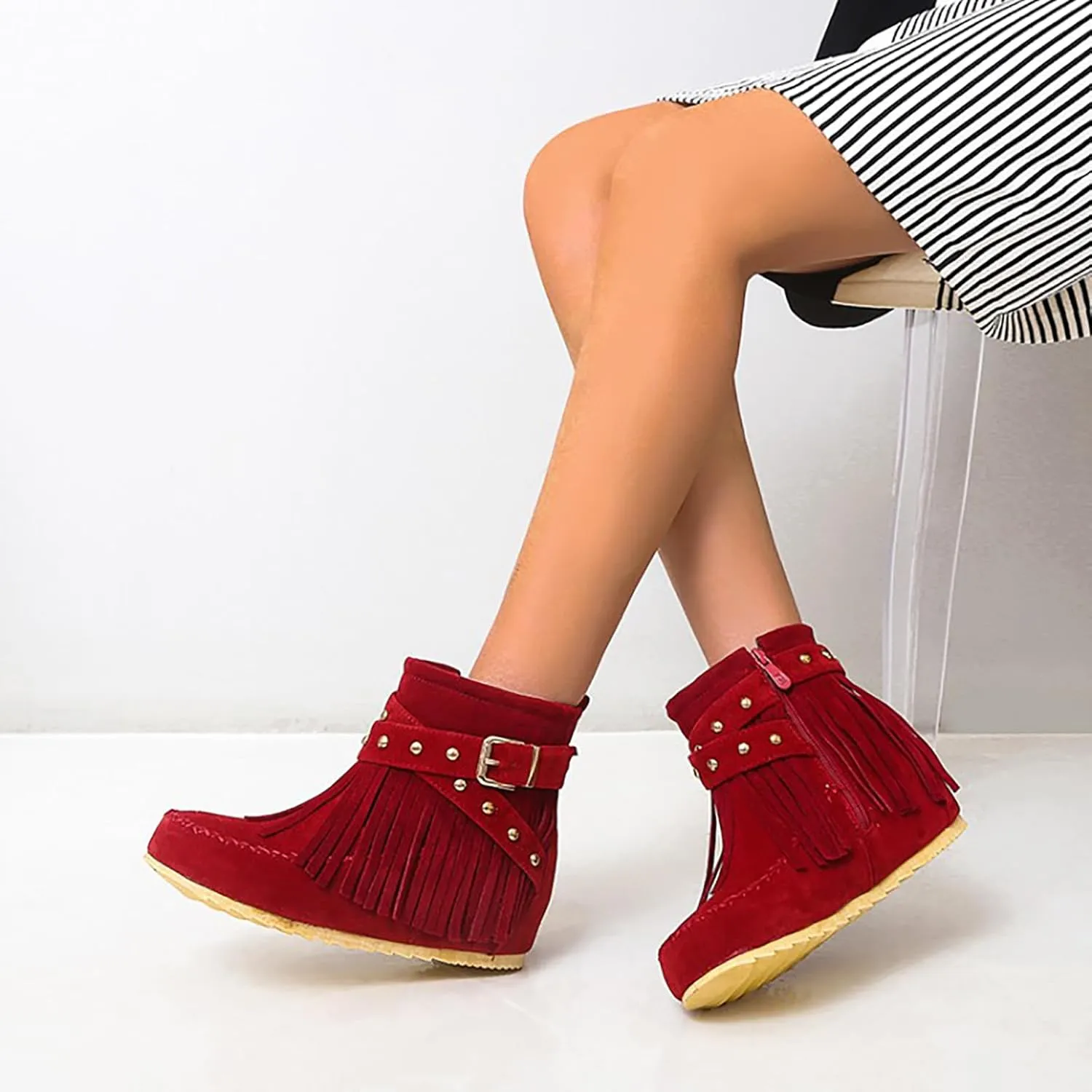 Women'S Suede Tassel Booties,Flat Moccasin Boots,Winter Warm Hidden Inner Heightening Fashion Western Outdoor Short Boots With Side Zipper