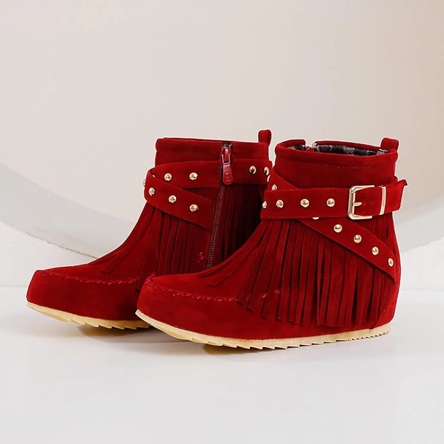 Women'S Suede Tassel Booties,Flat Moccasin Boots,Winter Warm Hidden Inner Heightening Fashion Western Outdoor Short Boots With Side Zipper