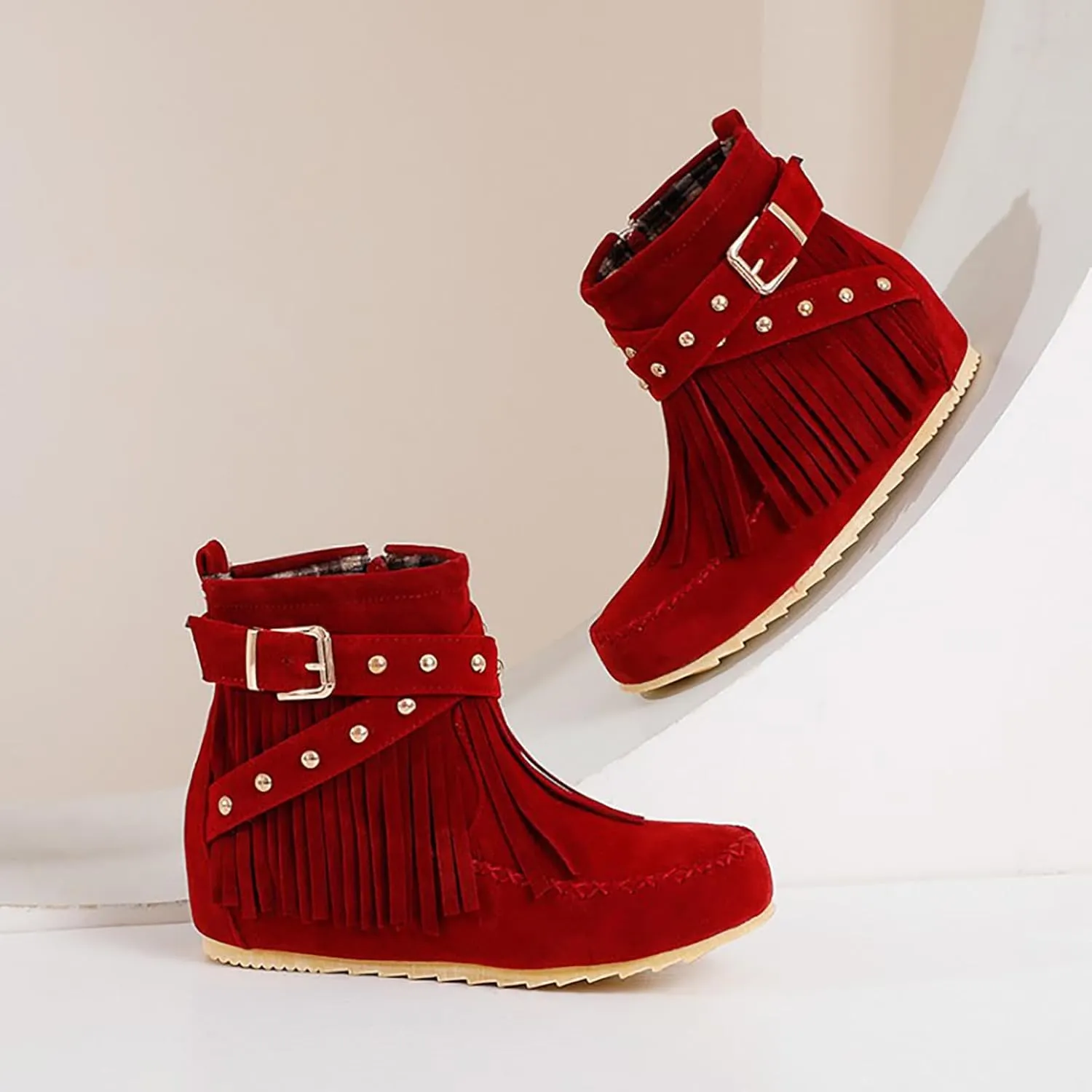 Women'S Suede Tassel Booties,Flat Moccasin Boots,Winter Warm Hidden Inner Heightening Fashion Western Outdoor Short Boots With Side Zipper